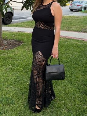 Nicole Bakti Black Lace Maxi Dress with Sheer Insets